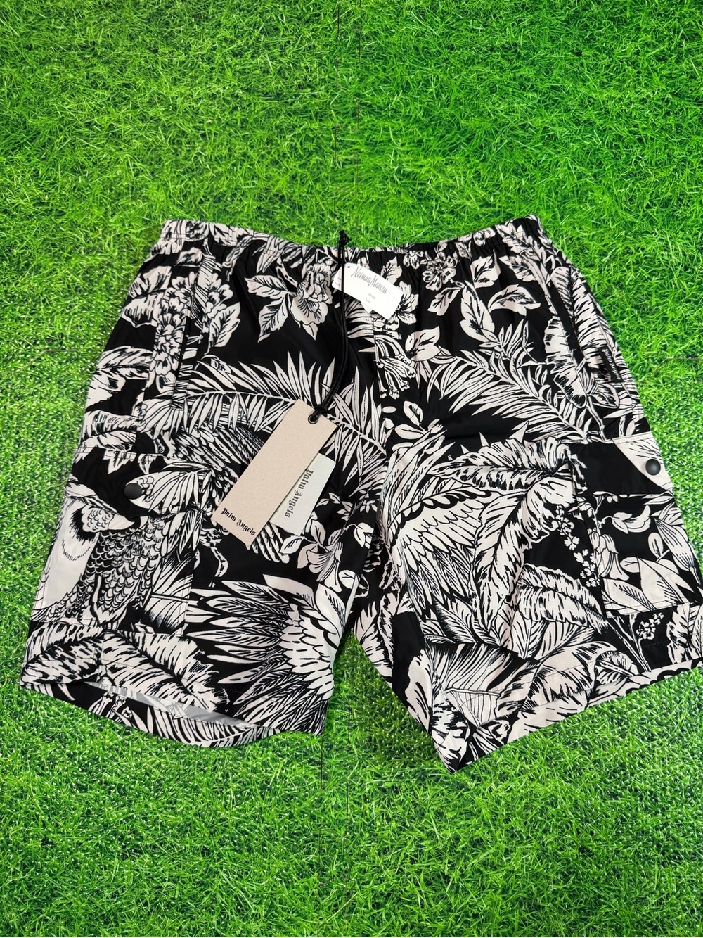 Palm Angels Swim Shorts Trunks Men's S Black White Jungle Parrot